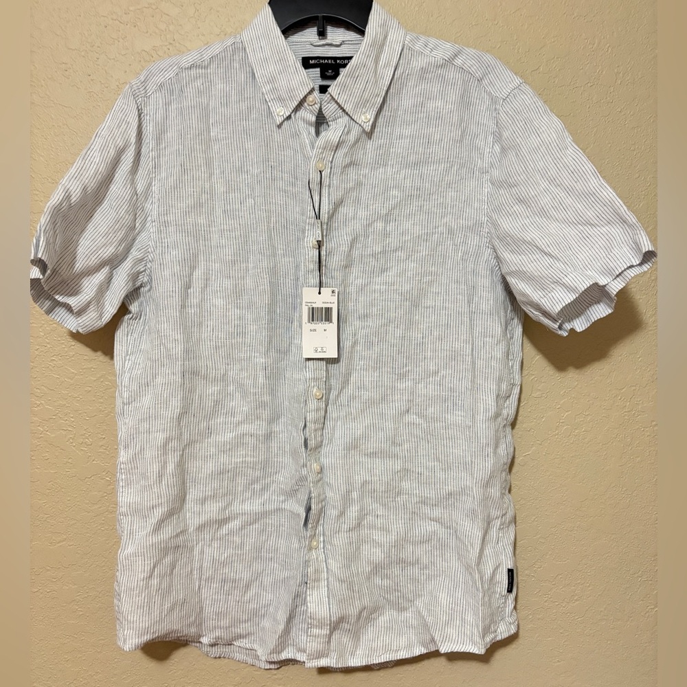 Michael Kors Medium Slim-Fit Stripe Button Short Sleeve Shirt NEW Ocean Blue